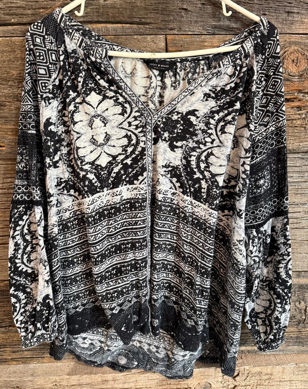 Lucky Brand Womens Boh Florl Geometric Print V neck 3/4 sleeve Top size XL